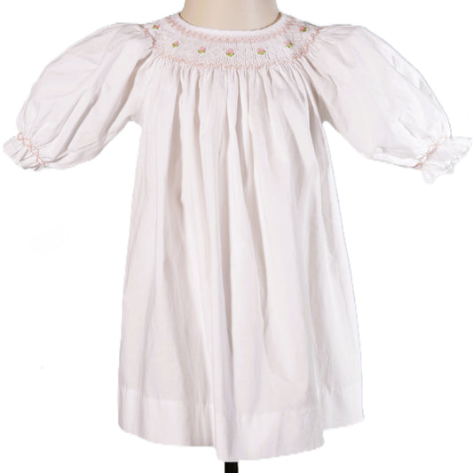 White Geometric Smocked With Pink Flowers Long Sleeve Bishop Dress