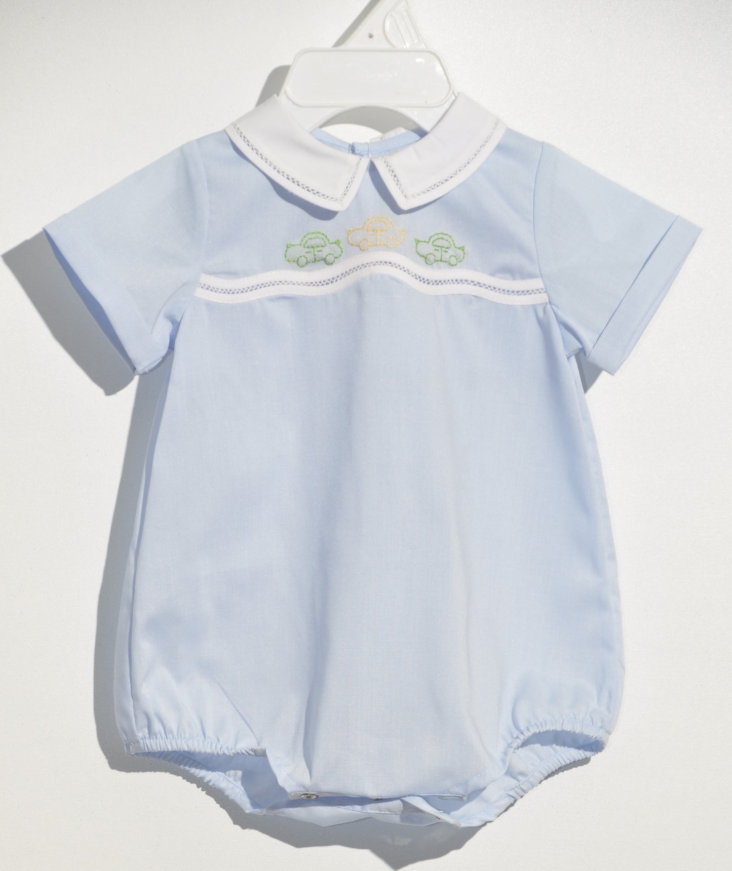 Blue Boy Cars Embroidered Bubble with Buttons and Bonnet