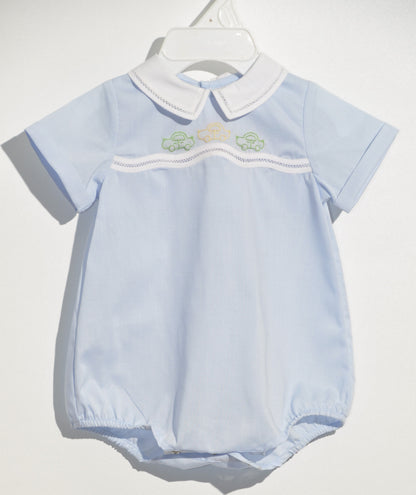 Blue Boy Cars Embroidered Bubble with Buttons and Bonnet