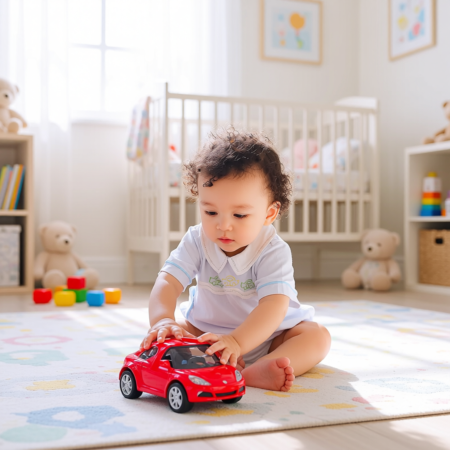 Blue Boy Cars Embroidered Bubble with Buttons and Bonnet