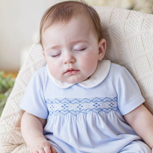 Baby Boys Light Blue Striped Geo Smocked Romper