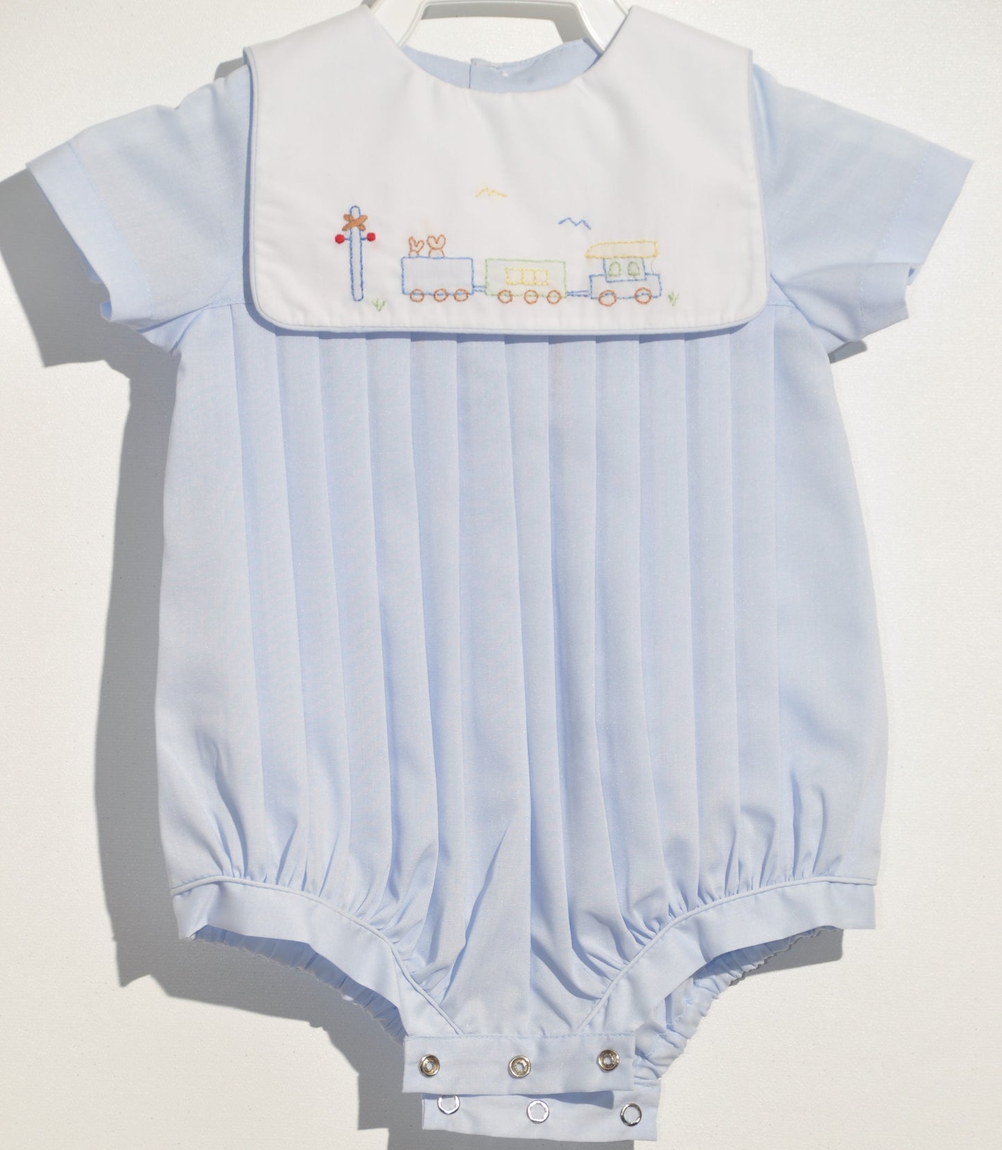 Blue Boy Train Embroidered Bubble with Buttons and Bonnet