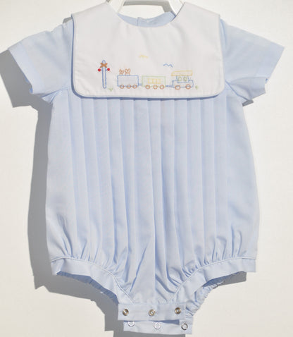 Blue Boy Train Embroidered Bubble with Buttons and Bonnet
