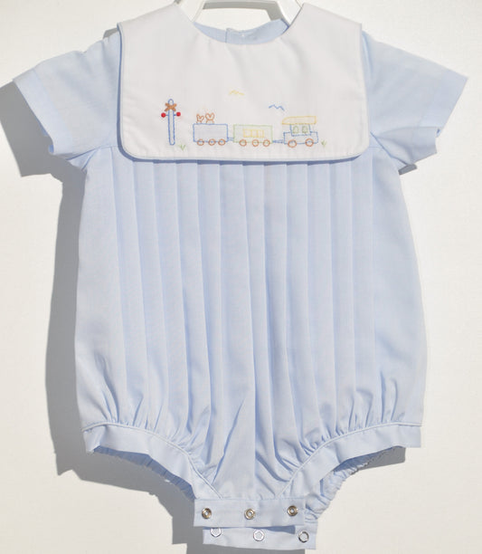 Blue Boy Train Embroidered Bubble with Buttons and Bonnet