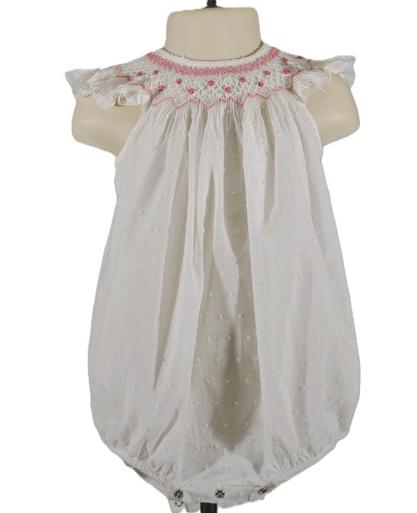 White Swiss Dot Geo Pearl Smocked Short Sleeve Bubble