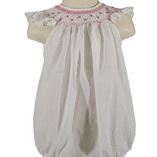 White Swiss Dot Geo Pearl Smocked Short Sleeve Bubble