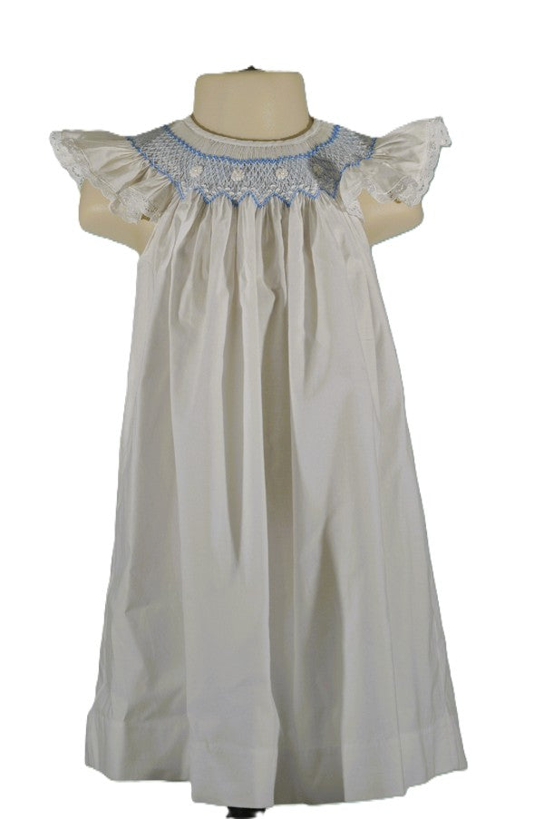 White Geometric Smocked with Daisies Angel Wing Sleeve Dress
