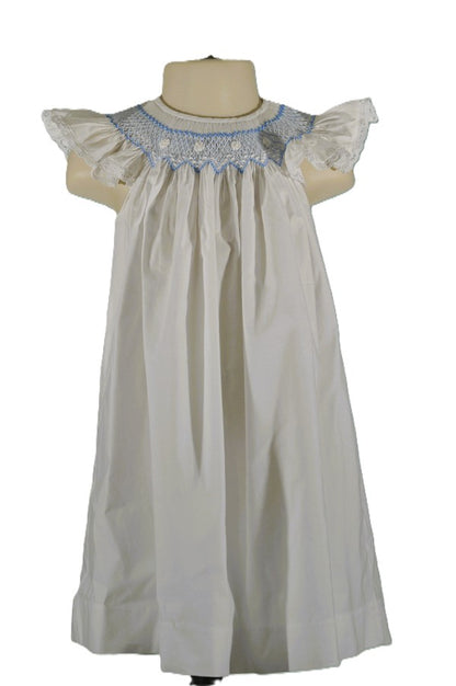 White Geometric Smocked with Daisies Angel Wing Sleeve Dress