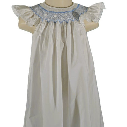 White Geometric Smocked with Daisies Angel Wing Sleeve Dress