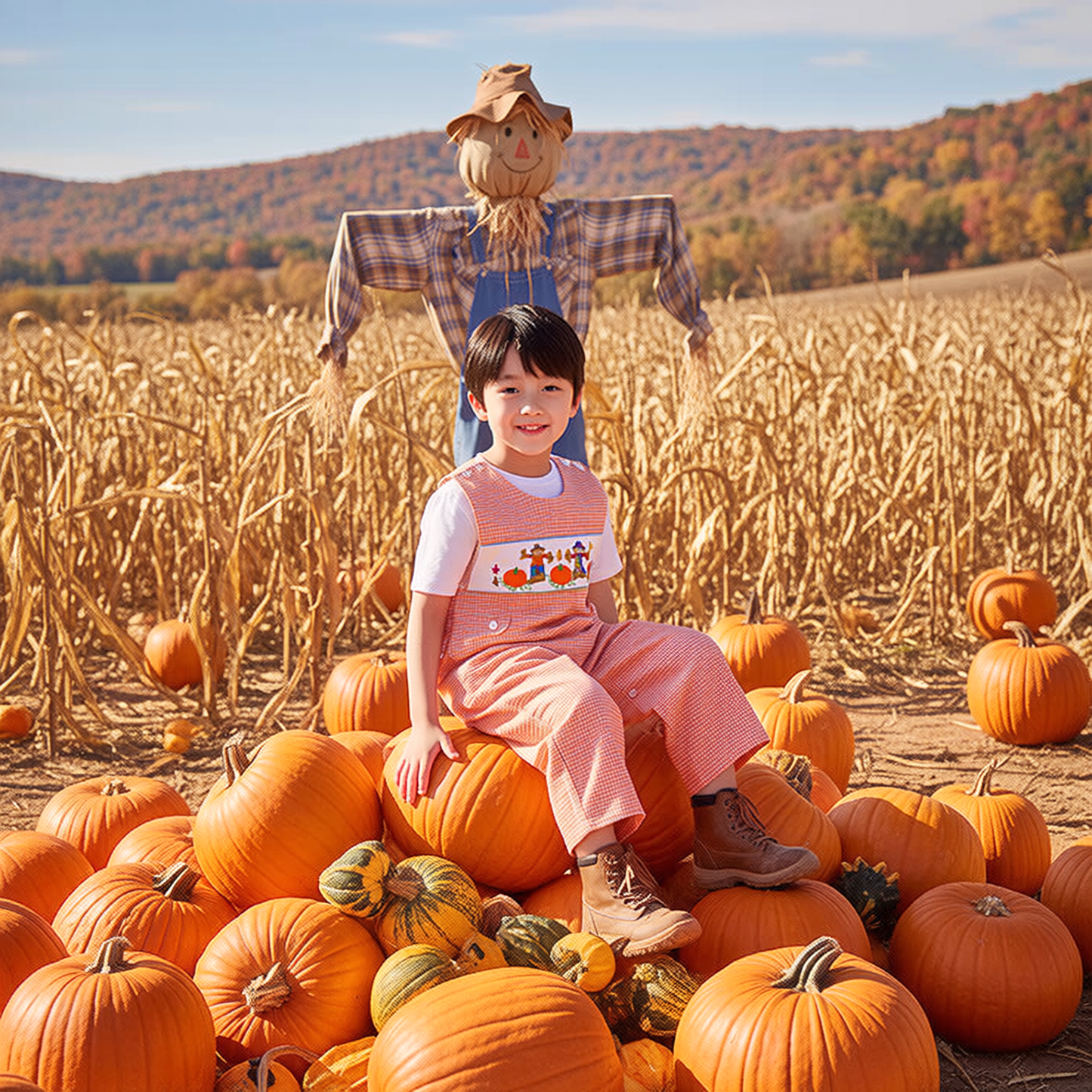 Orange Gingham Boy Long all featuring SCARECROW & PUMKINS Hand-Smocked