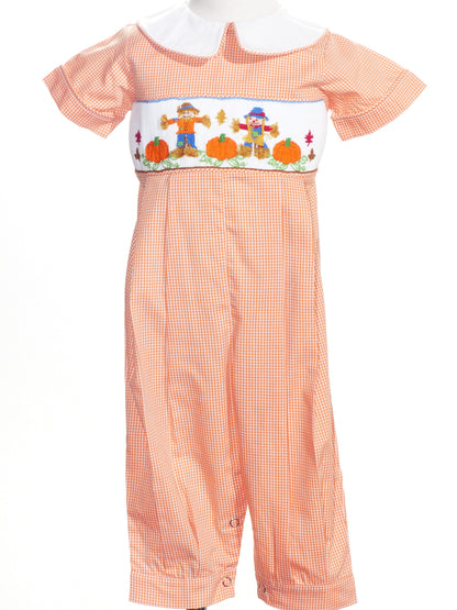 Orange Gingham Boy Romper featuring SCARECROW & PUMKINS Hand-Smocked
