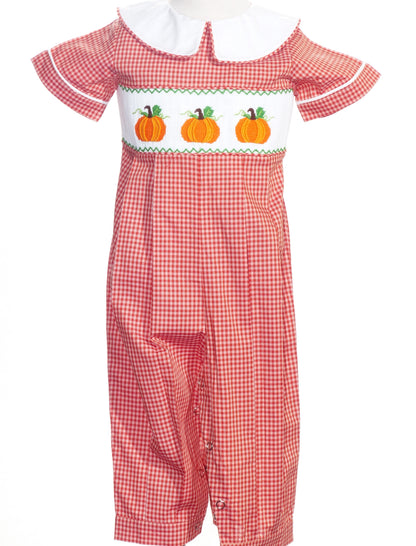 Orange Gingham Boy Romper featuring PUMPKINS Hand-Smocked