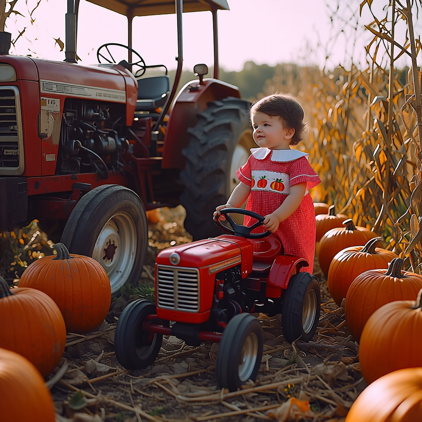 Orange Gingham Boy Romper featuring PUMPKINS Hand-Smocked