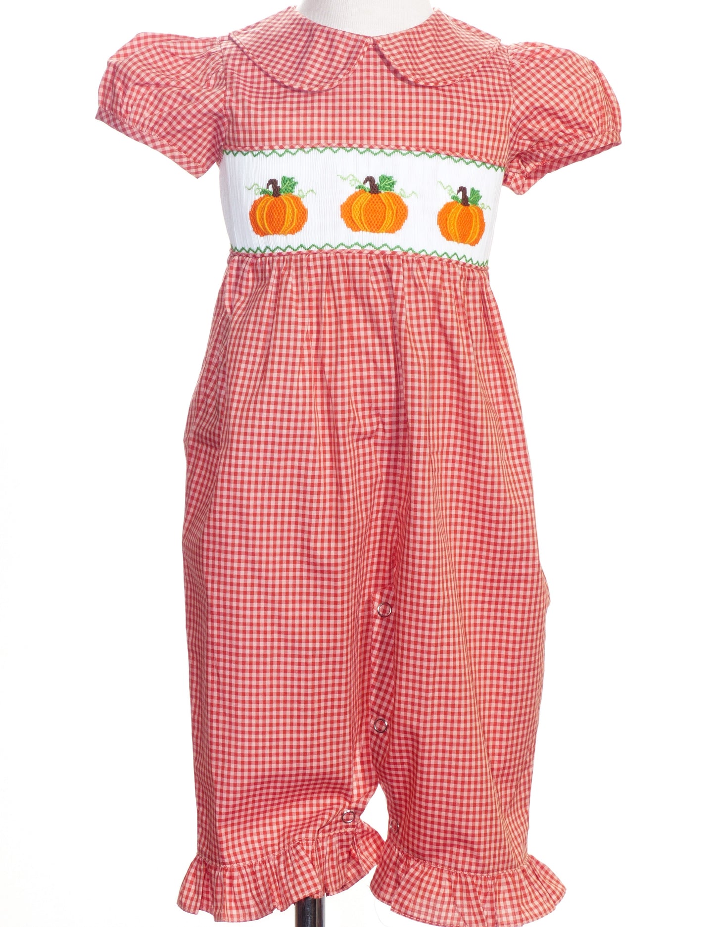 Orange Gingham Short Bishop Sleeve Romper featuring PUMPKINS Hand-Smocked