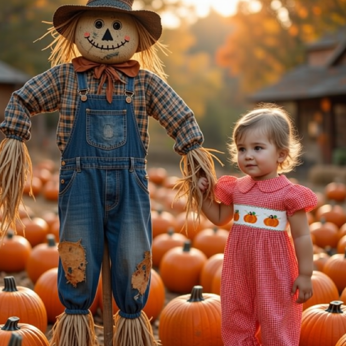Orange Gingham Short Bishop Sleeve Romper featuring PUMPKINS Hand-Smocked