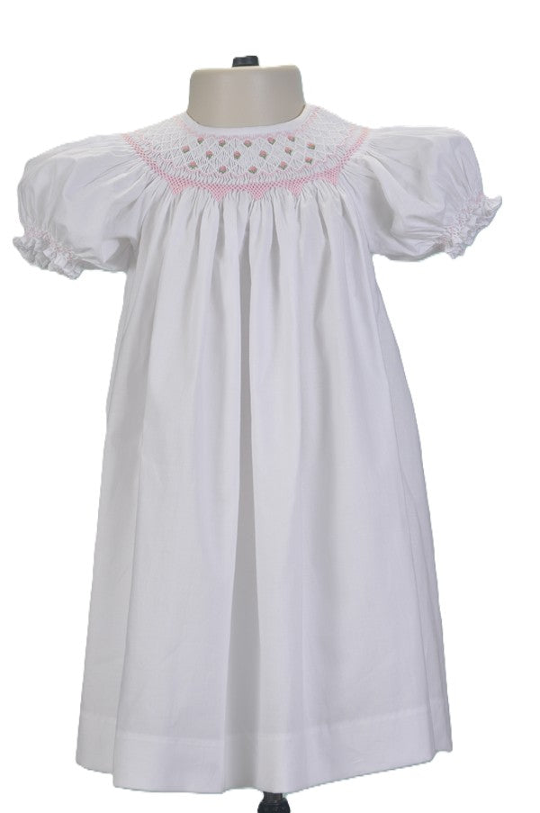 White Geometric Smocked with Flowers Short Bishop Sleeve Dress
