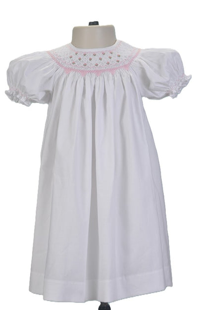 White Geometric Smocked with Flowers Short Bishop Sleeve Dress