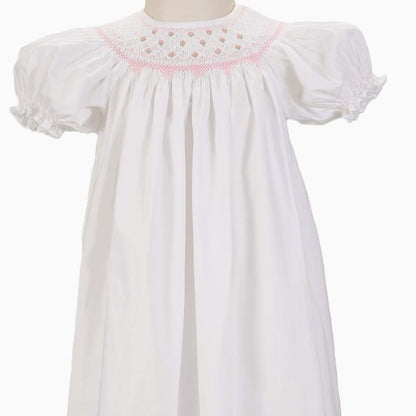 White Geometric Smocked with Flowers Short Bishop Sleeve Dress