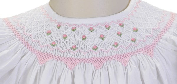 White Geometric Smocked with Flowers Short Bishop Sleeve Dress