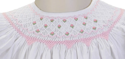 White Geometric Smocked with Flowers Short Bishop Sleeve Dress