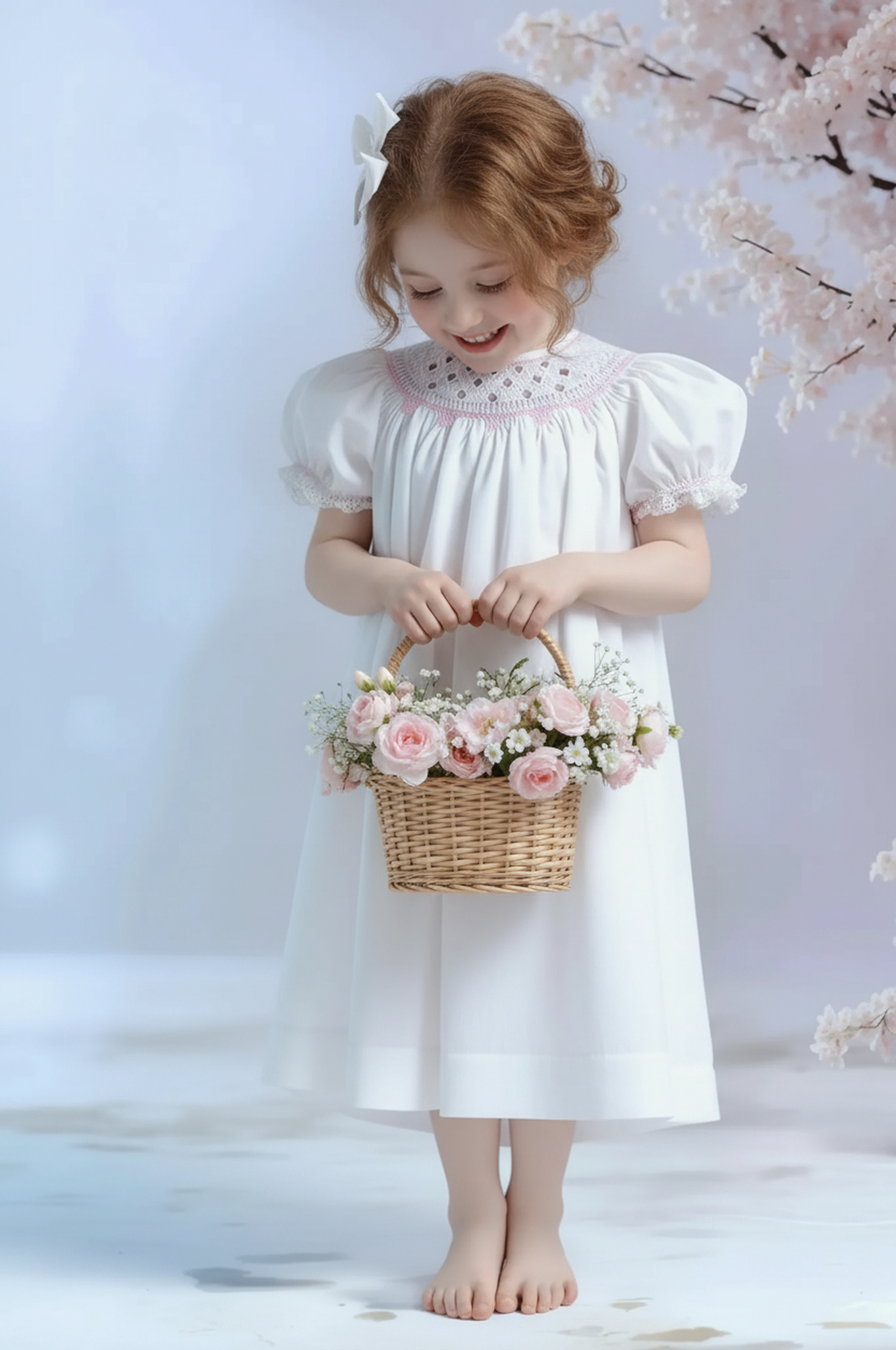 White Geometric Smocked with Flowers Short Bishop Sleeve Dress