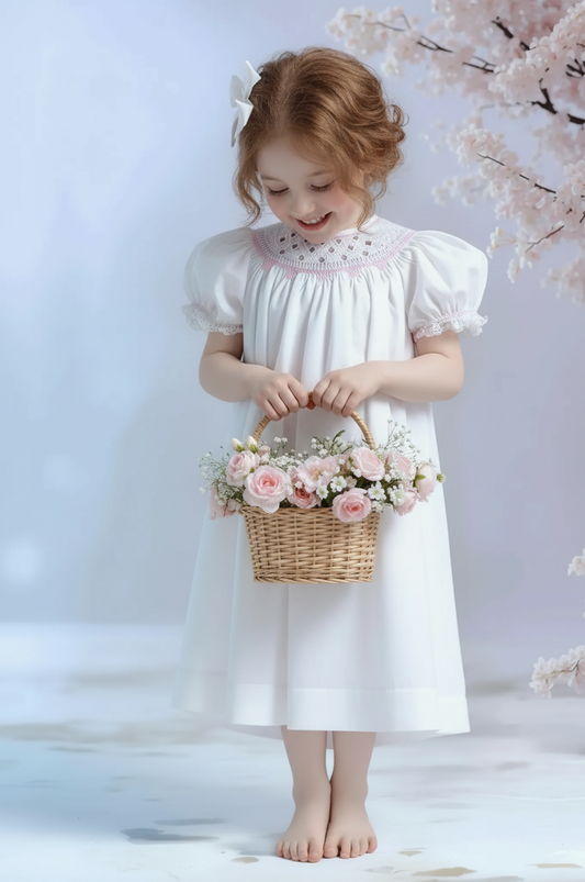 White Geometric Smocked with Flowers Short Bishop Sleeve Dress