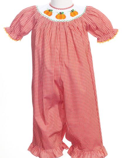 Orange Gingham Short Bishop Sleeve Romper featuring PUMPKINS Hand-Smocked
