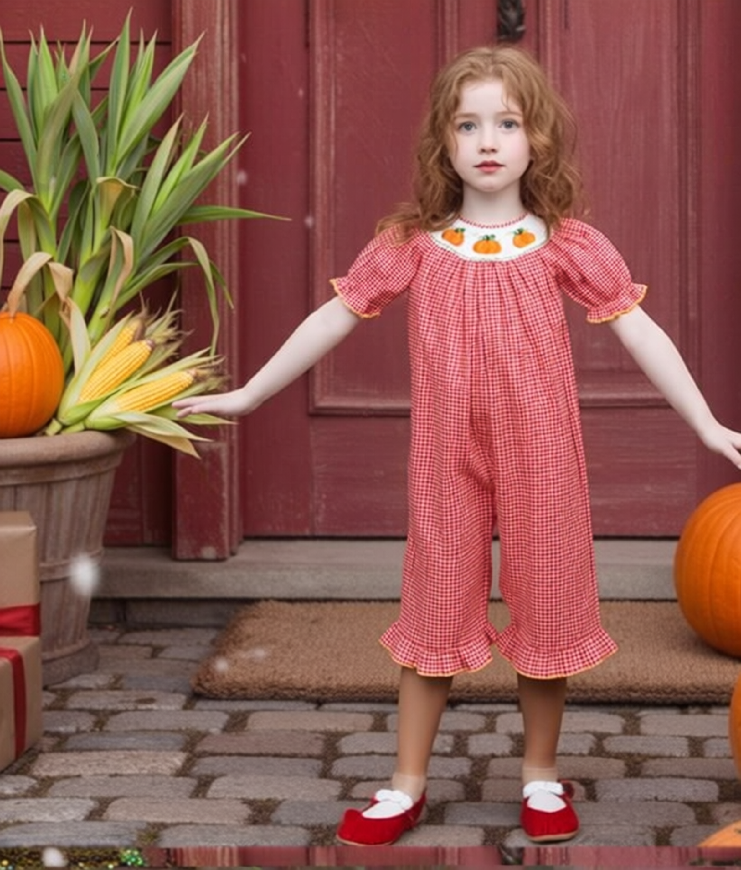Orange Gingham Short Bishop Sleeve Romper featuring PUMPKINS Hand-Smocked