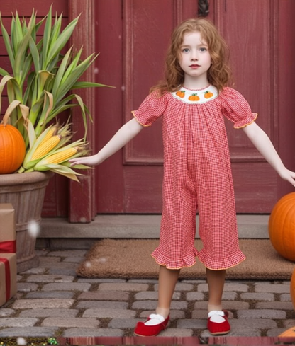 Orange Gingham Short Bishop Sleeve Romper featuring PUMPKINS Hand-Smocked
