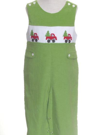 Green Corduroy Christmas Tree Truck Smocked Boy Long Overall