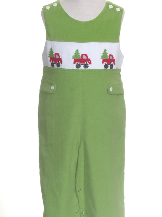Green Corduroy Christmas Tree Truck Smocked Boy Long Overall