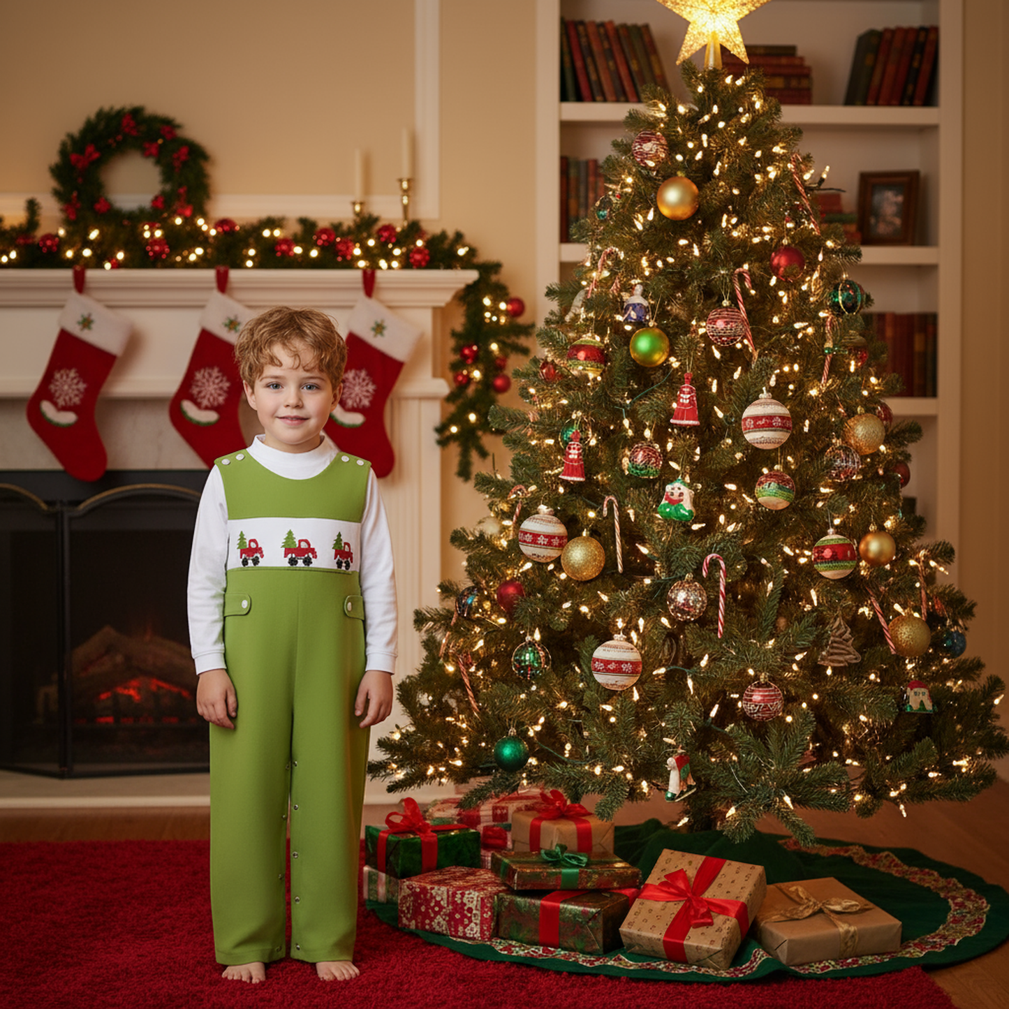 Green Corduroy Christmas Tree Truck Smocked Boy Long Overall
