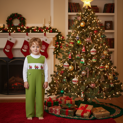 Green Corduroy Christmas Tree Truck Smocked Boy Long Overall