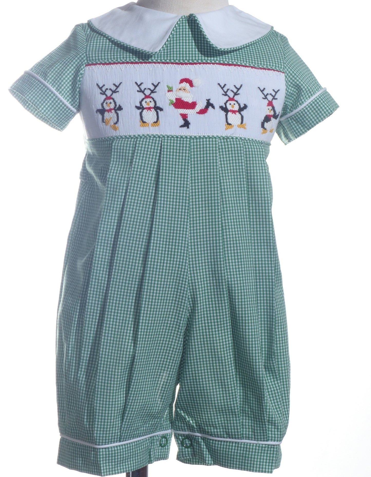 Green Gingham Boy Romper Featuring DANCING SANTA Hand-Smocked