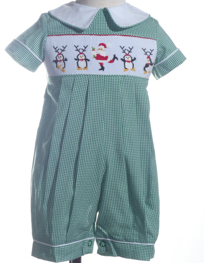 Green Gingham Boy Romper Featuring DANCING SANTA Hand-Smocked