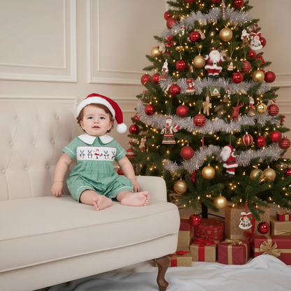 Green Gingham Boy Romper Featuring DANCING SANTA Hand-Smocked