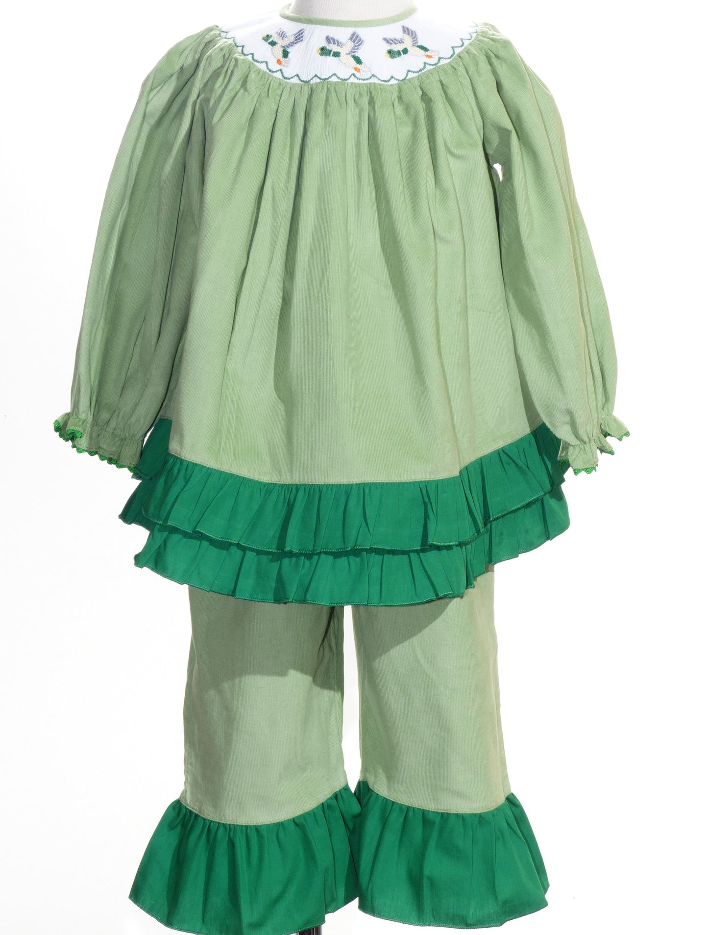 Green Long Sleeve Top With Ruffles featuring Mallard Hand-Smocked Pant Set