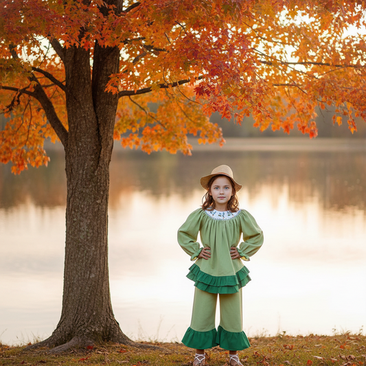 Green Long Sleeve Top With Ruffles featuring Mallard Hand-Smocked Pant Set