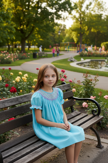 Blue Corduroy Geo Smocked Short Sleeve Bishop Dress