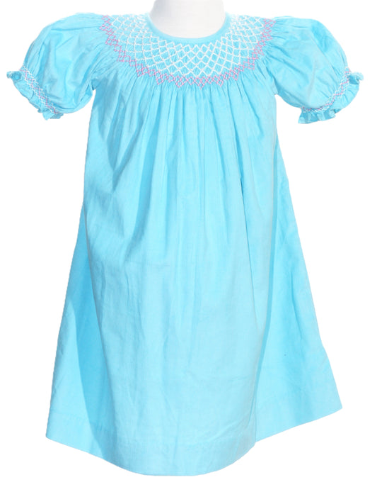 Blue Corduroy Geo Smocked Short Sleeve Bishop Dress