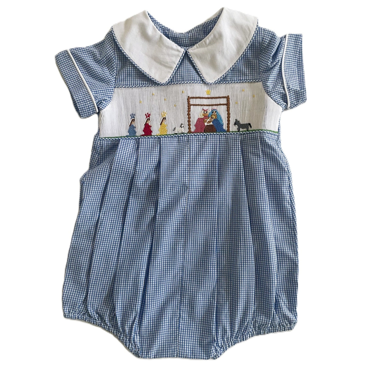 Blue Gingham Bubble With White Peter Pan Collar Featuring NATIVITY Hand-Smocked