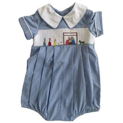 Blue Gingham Bubble With White Peter Pan Collar Featuring NATIVITY Hand-Smocked