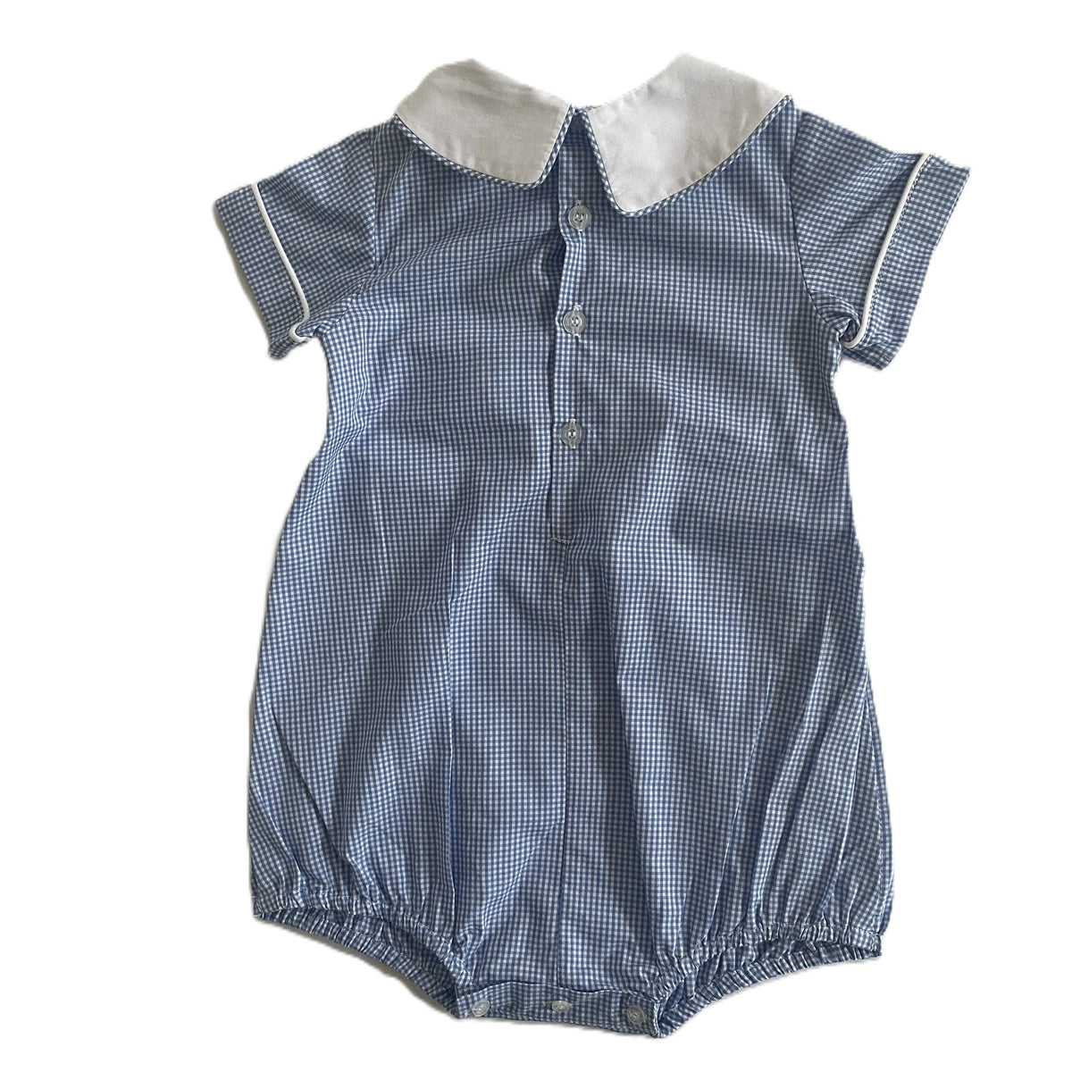 Blue Gingham Bubble With White Peter Pan Collar Featuring NATIVITY Hand-Smocked