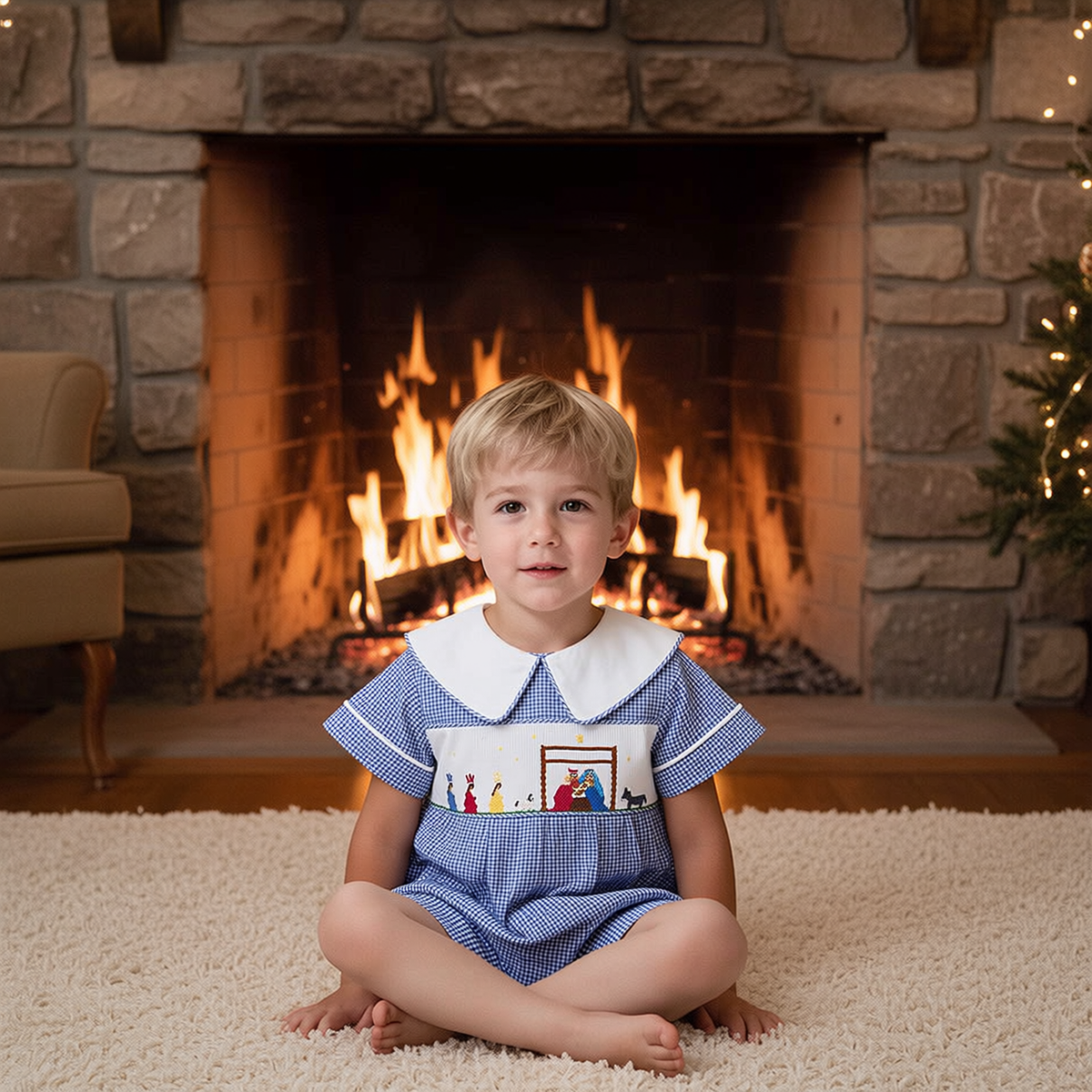 Blue Gingham Bubble With White Peter Pan Collar Featuring NATIVITY Hand-Smocked