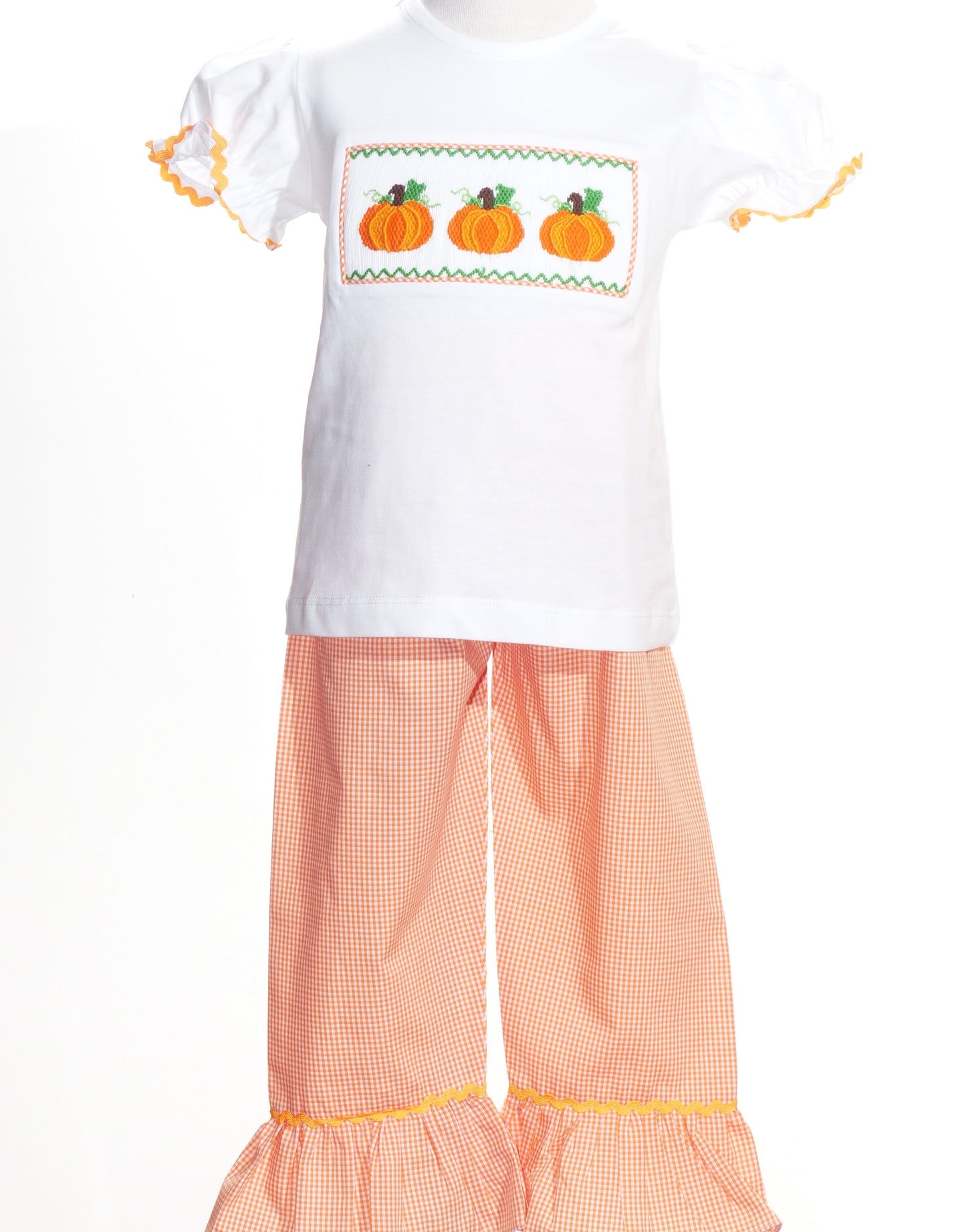 Orange Gingham Pant Set featuring PUMPKINS Hand-Smocked