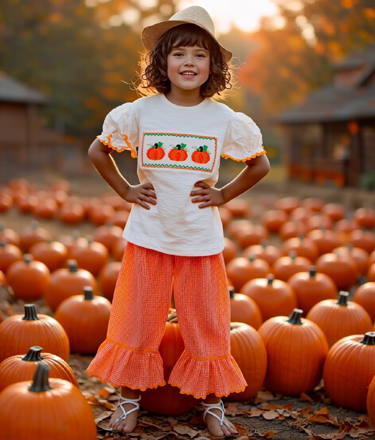 Orange Gingham Pant Set featuring PUMPKINS Hand-Smocked