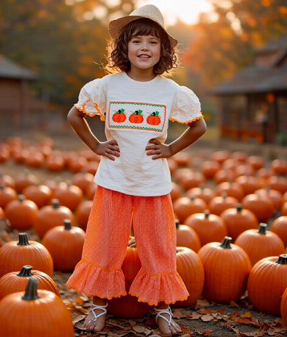 Orange Gingham Pant Set featuring PUMPKINS Hand-Smocked