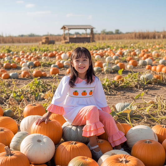Orange Gingham Pant Set featuring PUMPKINS Hand-Smocked