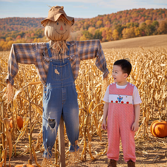 Orange Gingham Boy Longall featuring Scarecrow Hand-Smocked