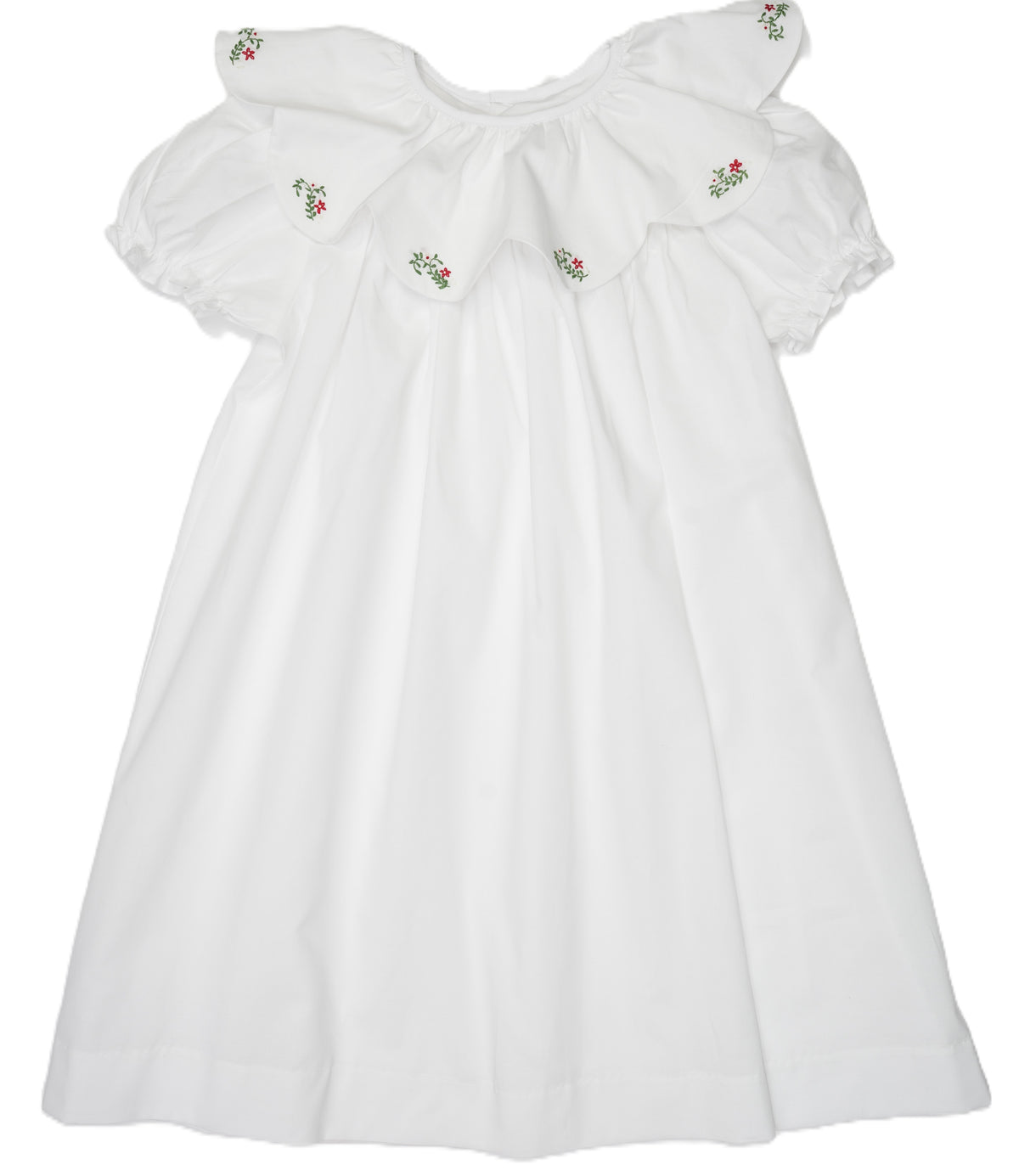 White Ruffled Collar Dress Accented With Delicate Red & Green Floral Embroidery